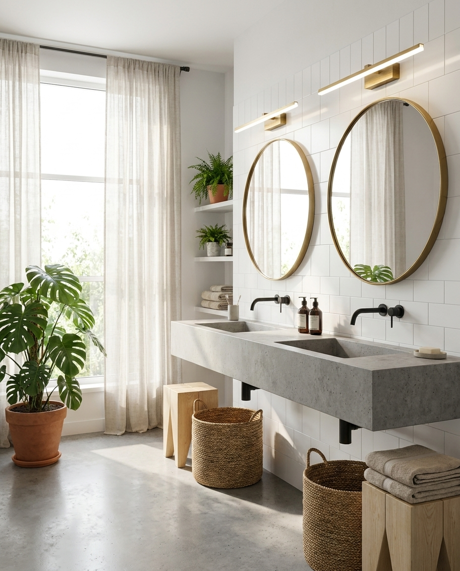 Lumera Mirror Light above a double concrete vanity in an airy Scandinavian bathroom