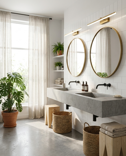 Lumera Mirror Light above a double concrete vanity in an airy Scandinavian bathroom