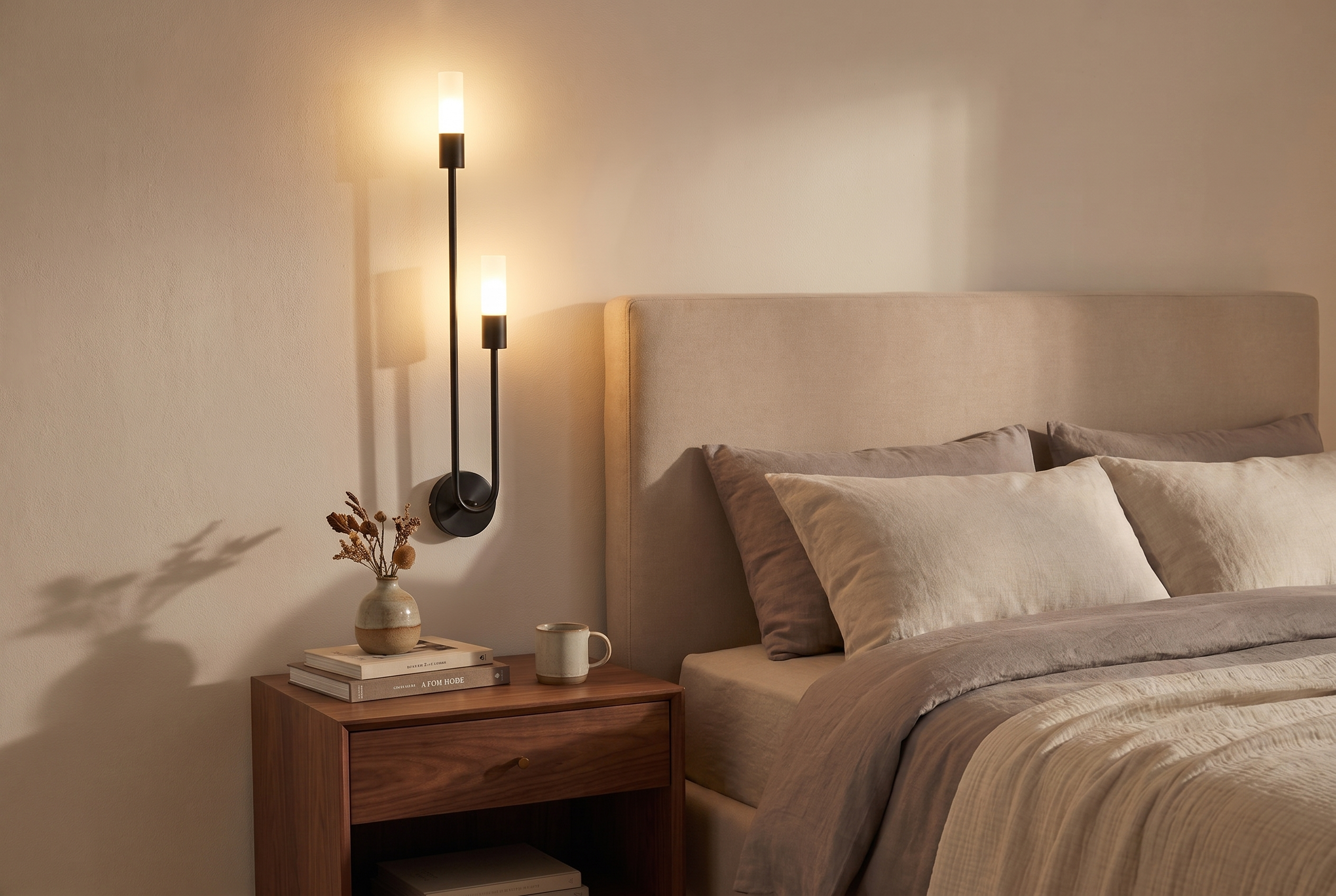 Black Gemini Dual Head LED Wall Sconce in a minimalist bedroom