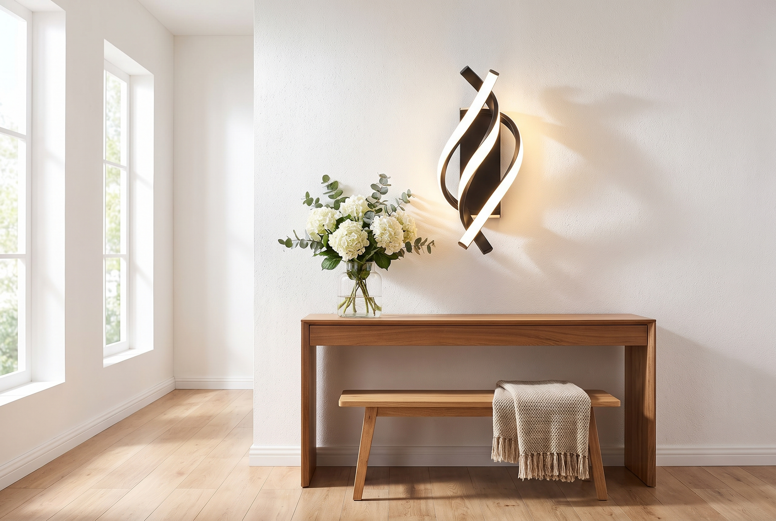 Helix Spiral LED Wall Sconce in a modern entryway hallway