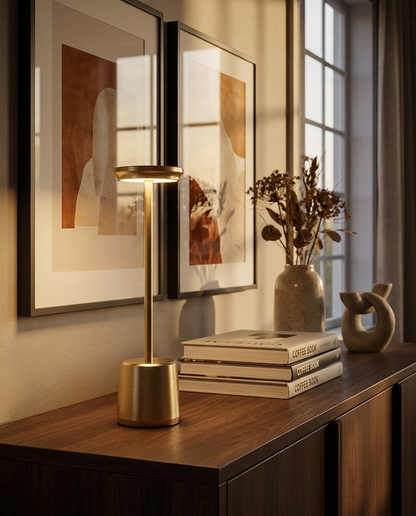 Lumen gold cordless LED table lamp on a living room console