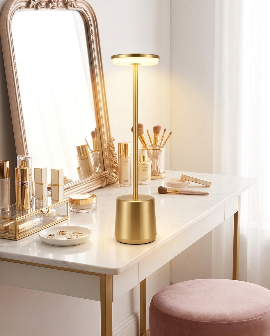 Lumen gold cordless LED table lamp on a vanity desk