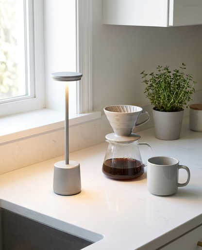 Lumen gray cordless LED table lamp on a kitchen counter