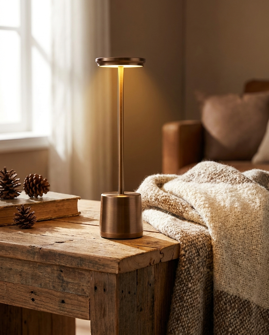 Lumen bronze cordless LED table lamp on a rustic wood side table