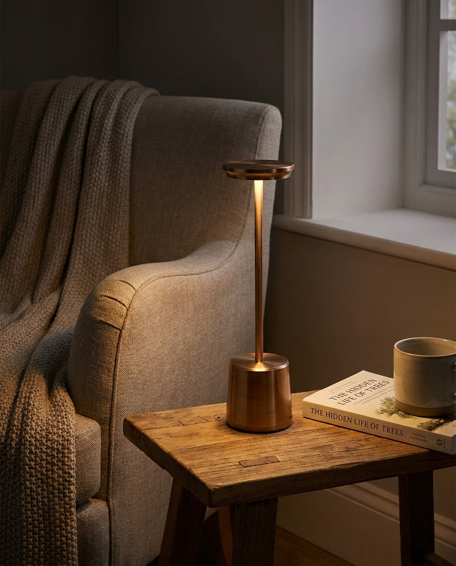 Lumen bronze cordless LED table lamp in a reading corner