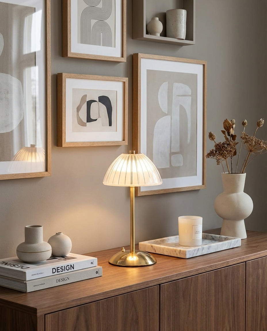 Elara brushed brass cordless table lamp on a living room console
