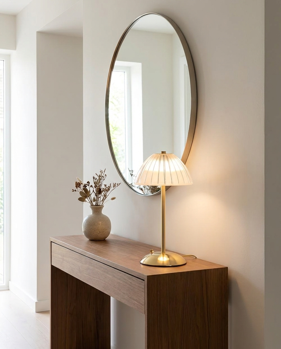 Elara brushed brass cordless table lamp on an entryway console