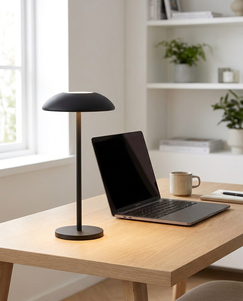 Vela black contemporary LED table lamp on a home office desk