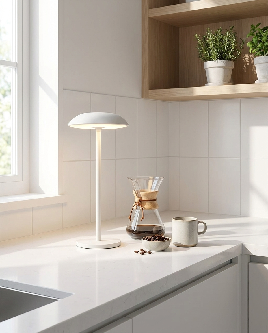 Vela white contemporary LED table lamp on a kitchen counter