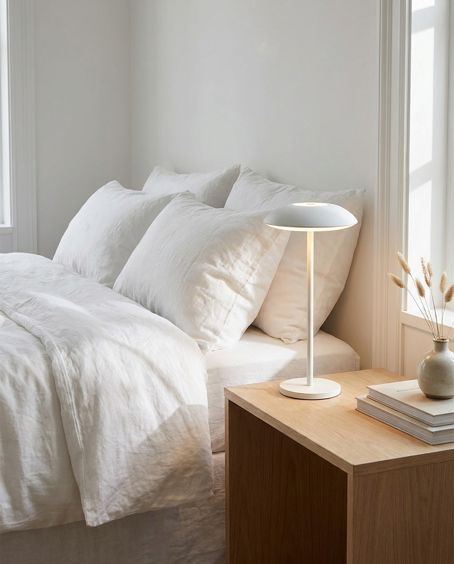 Vela white contemporary LED table lamp on a bright bedroom nightstand