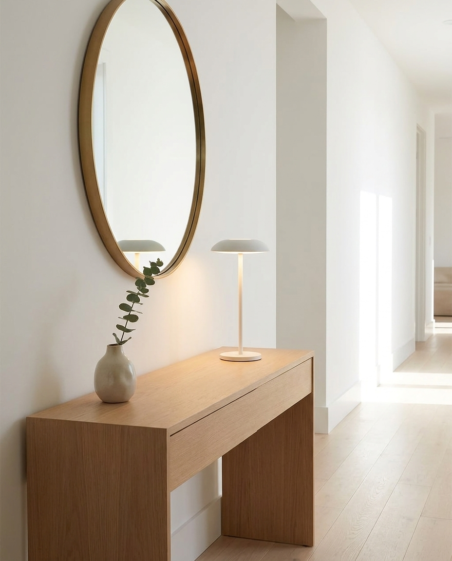 Vela white contemporary LED table lamp on an entryway console