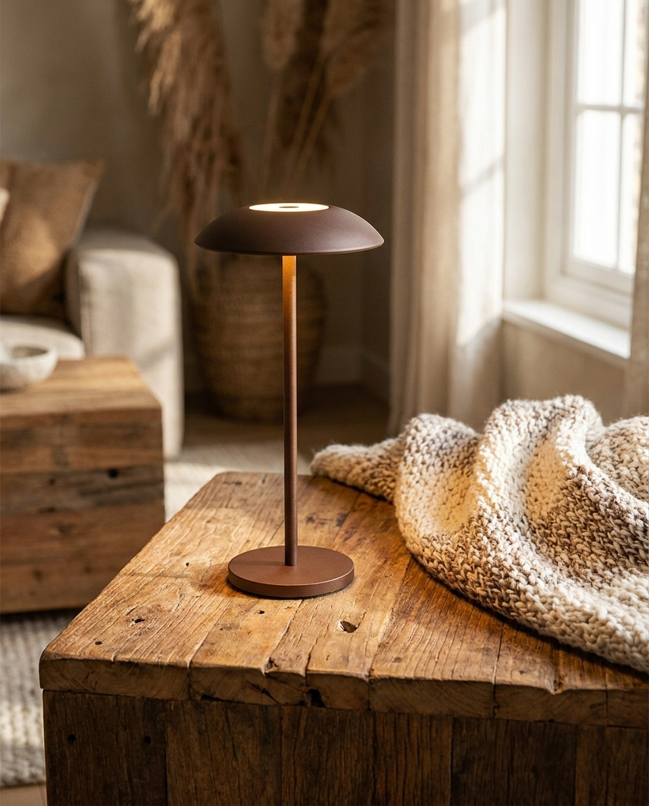 Vela brown contemporary LED table lamp on a rustic side table