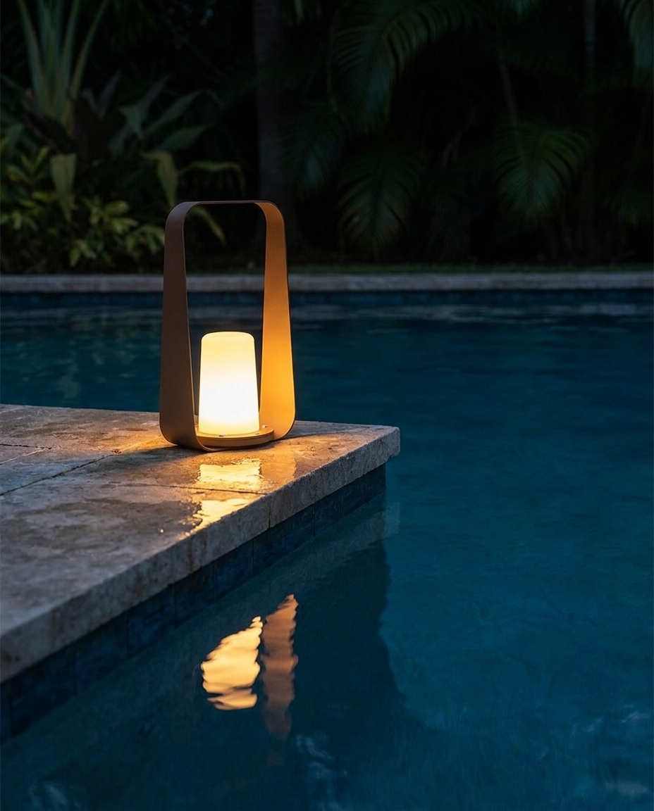 Marin brown waterproof outdoor lamp beside a pool at night