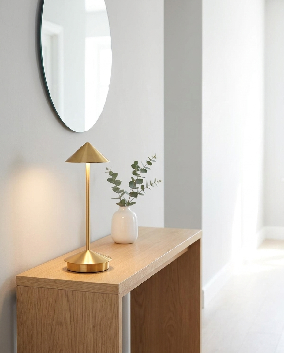 Pina gold cordless mushroom-top table lamp on an entryway console