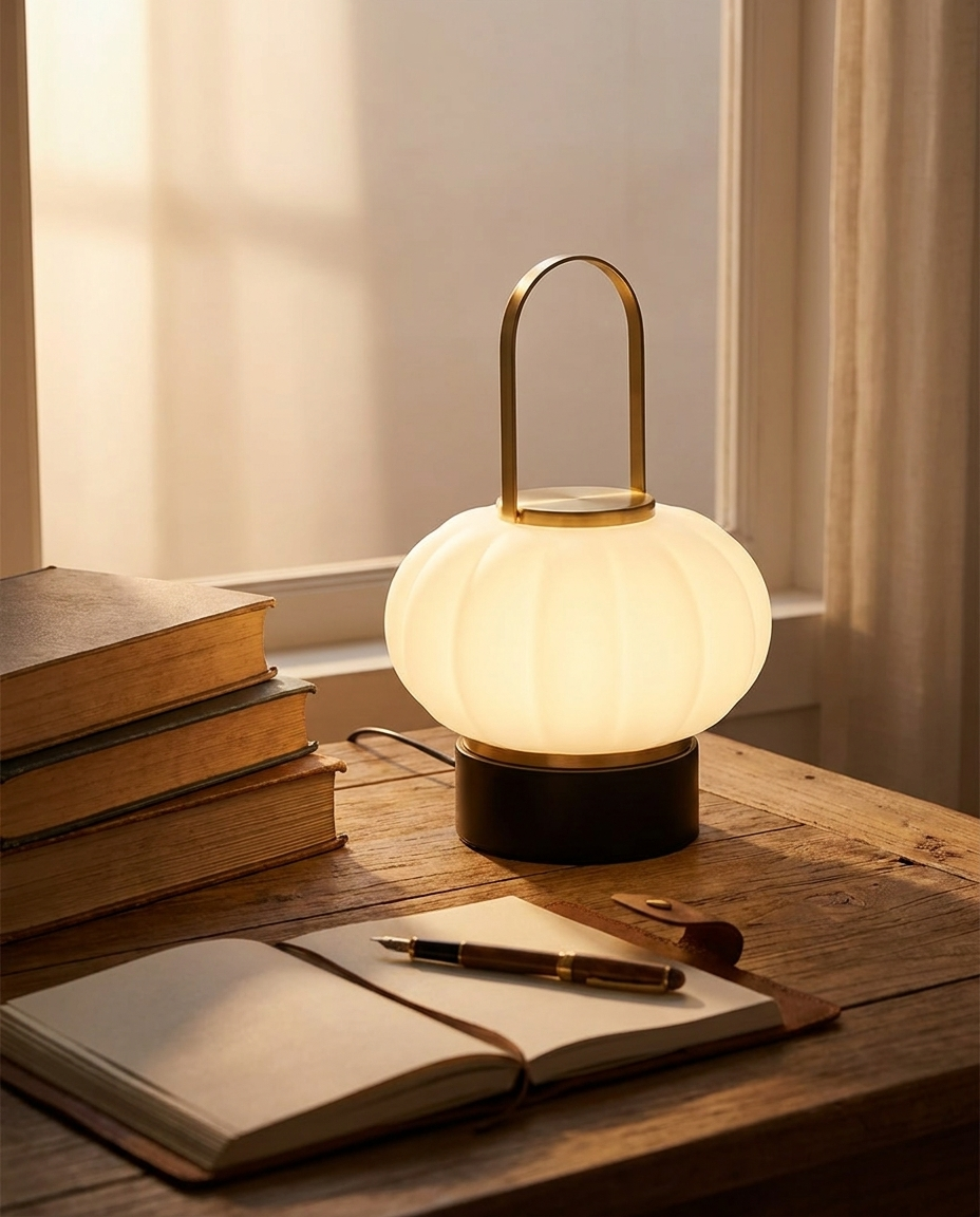 Faro cordless Nordic lantern lamp on a study desk