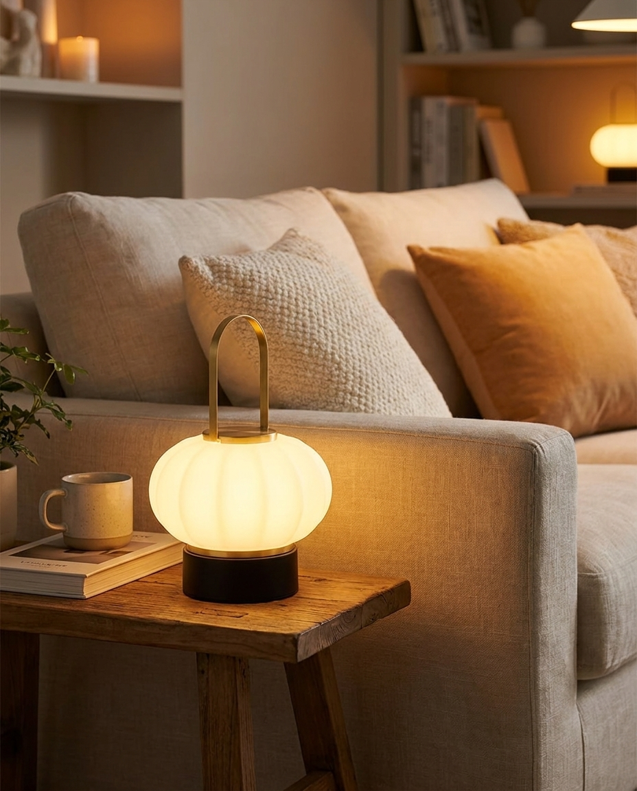 Faro cordless Nordic lantern lamp on a living room side table