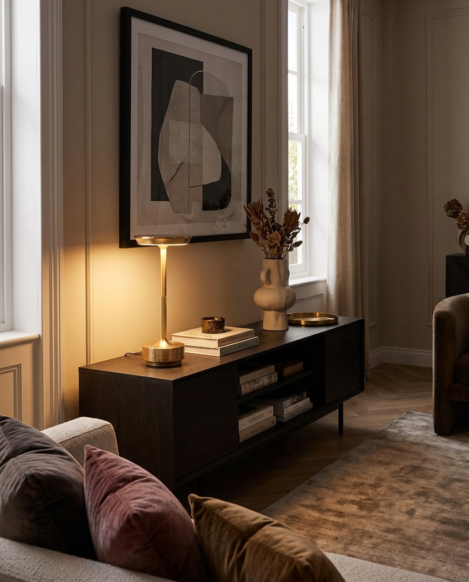 Orbit gold UFO metal table lamp on a living room console