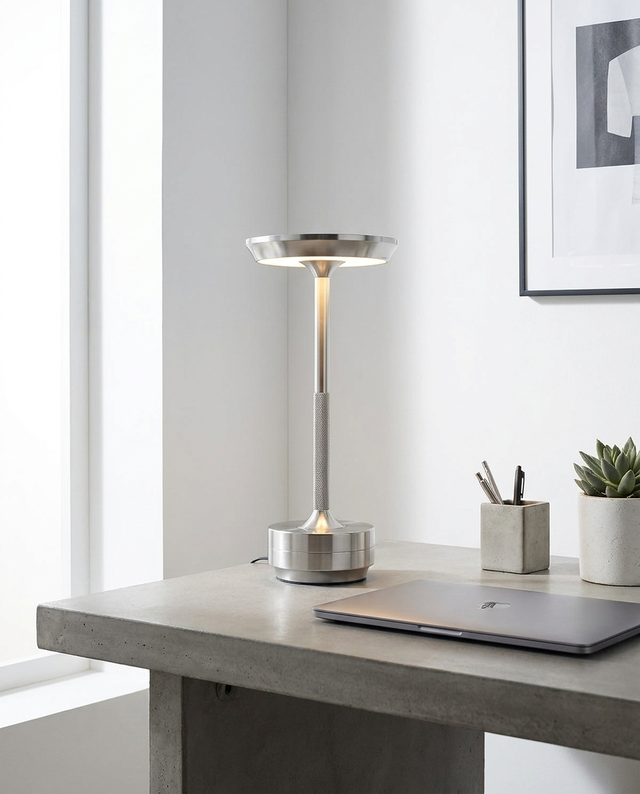 Orbit silver UFO metal table lamp on a home office desk