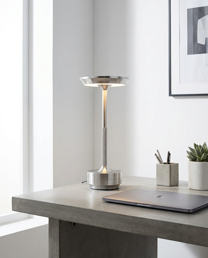 Orbit silver UFO metal table lamp on a home office desk