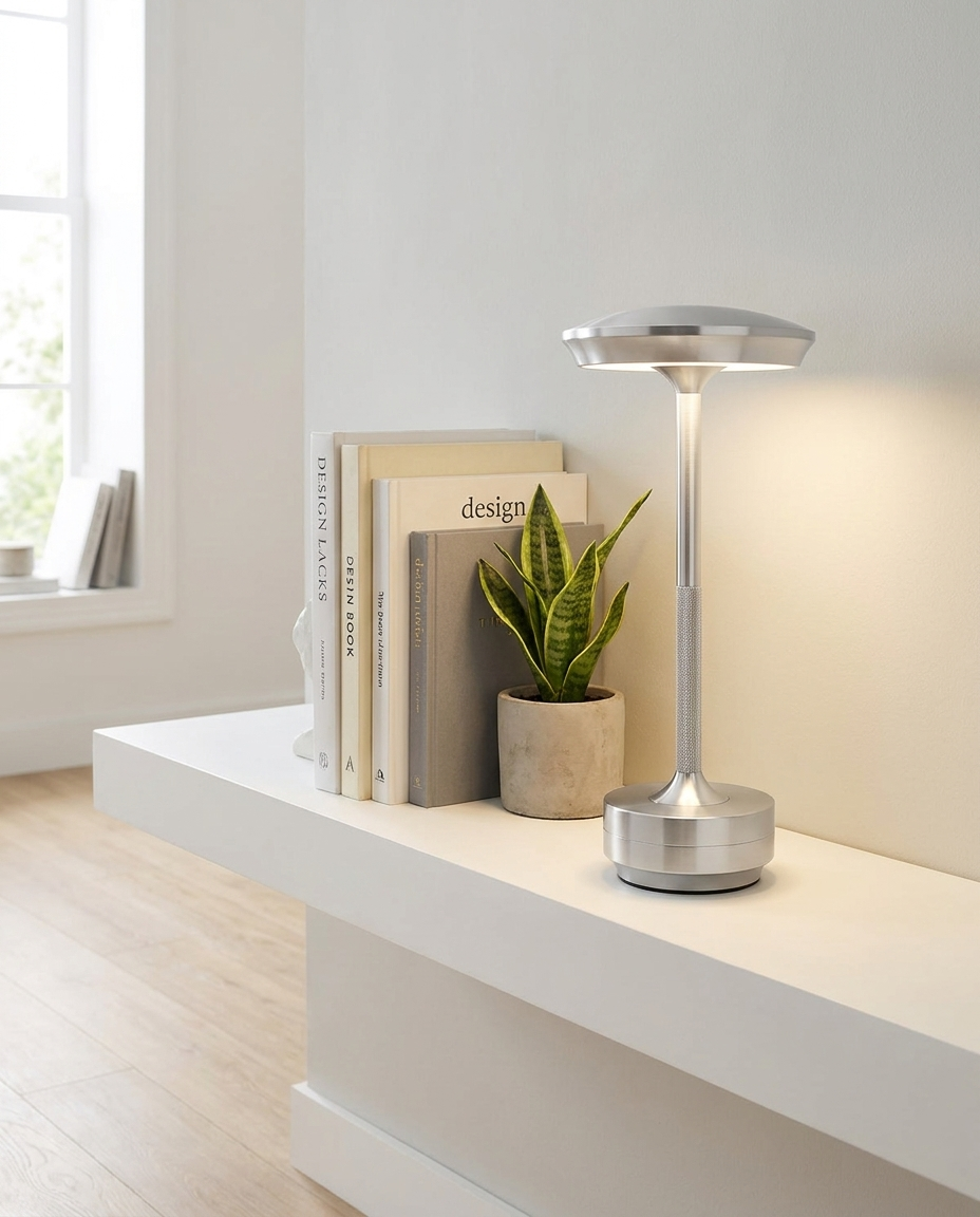 Orbit silver UFO metal table lamp on a floating shelf