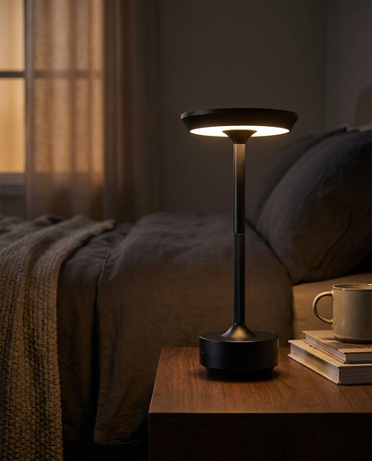 Orbit black UFO metal table lamp on a bedroom nightstand
