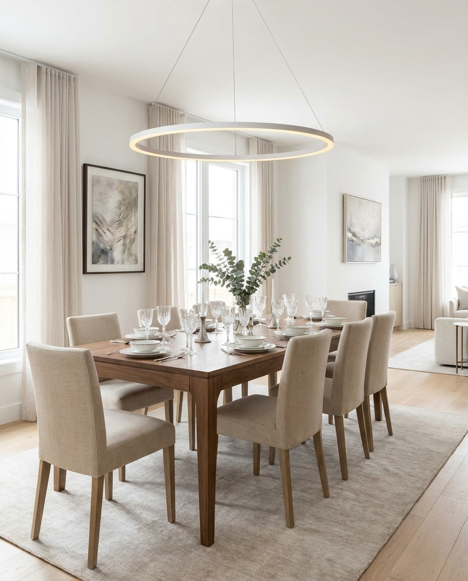 Halo white LED ring chandelier above a dining table