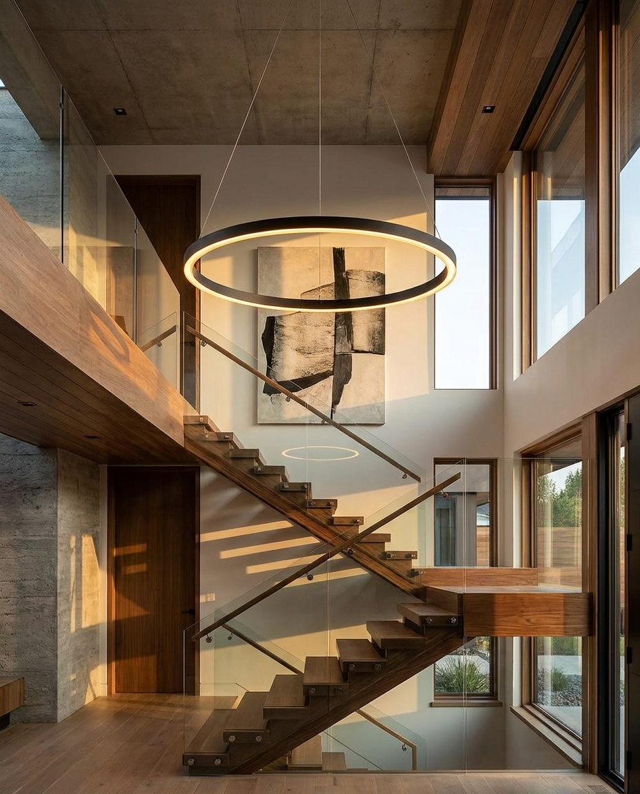 Halo black LED ring chandelier in an entryway
