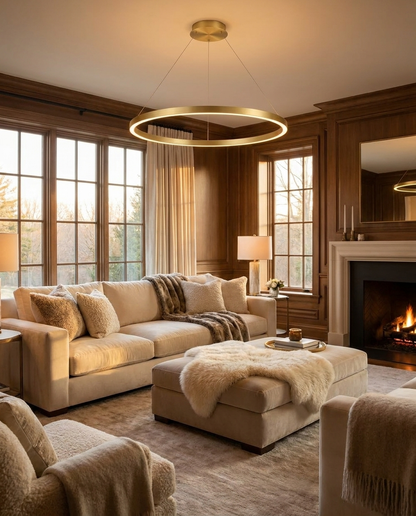 Halo gold LED ring chandelier above a living room
