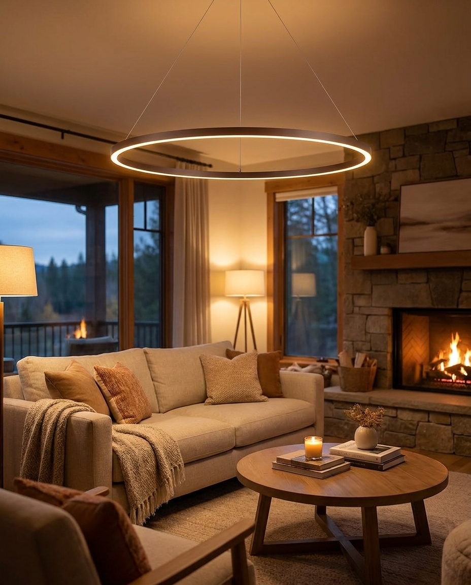 Halo coffee LED ring chandelier above a living room