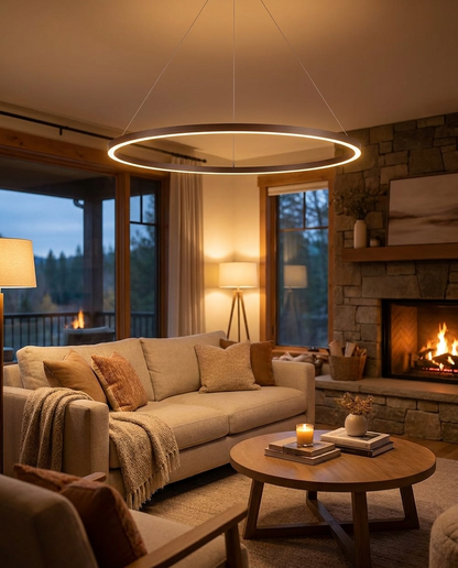 Halo coffee LED ring chandelier above a living room