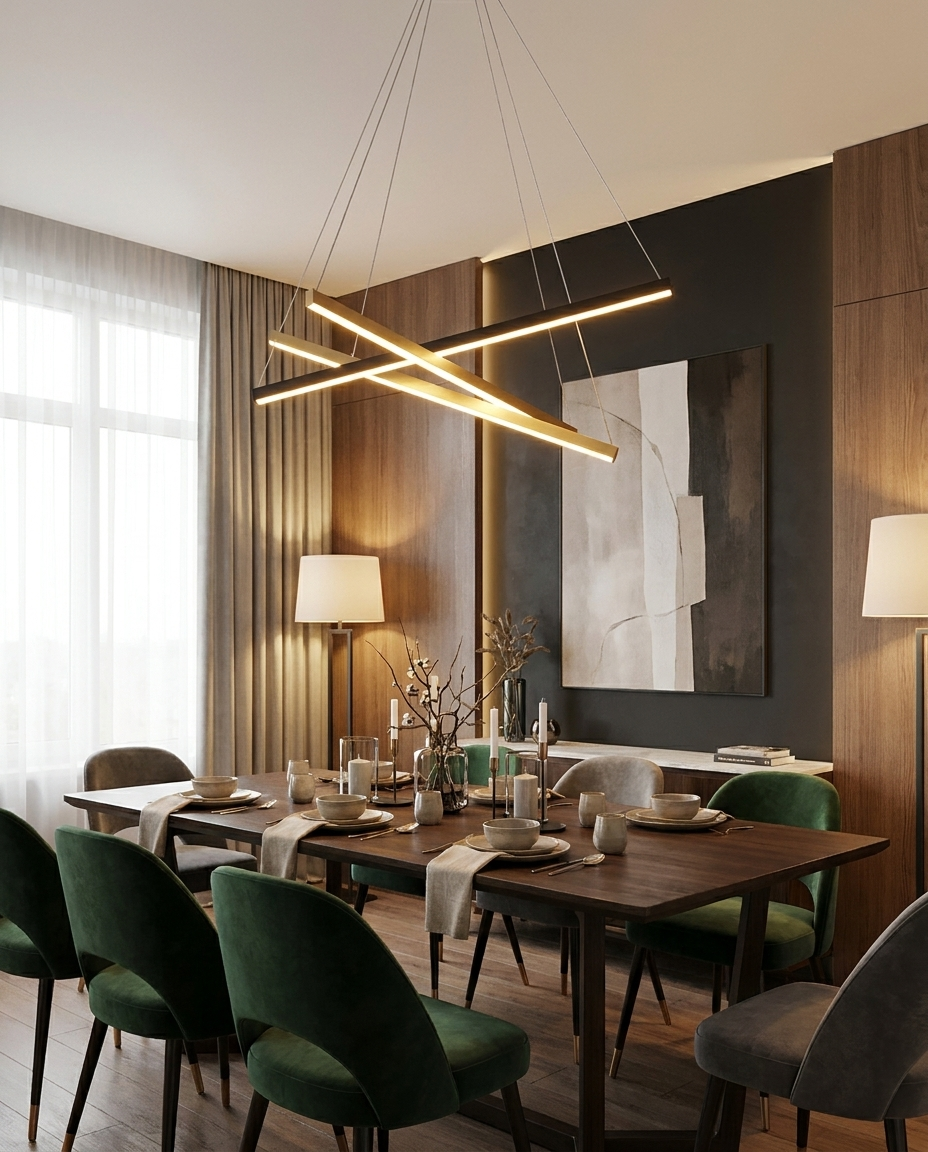 Linea LED linear chandelier above a long dining table