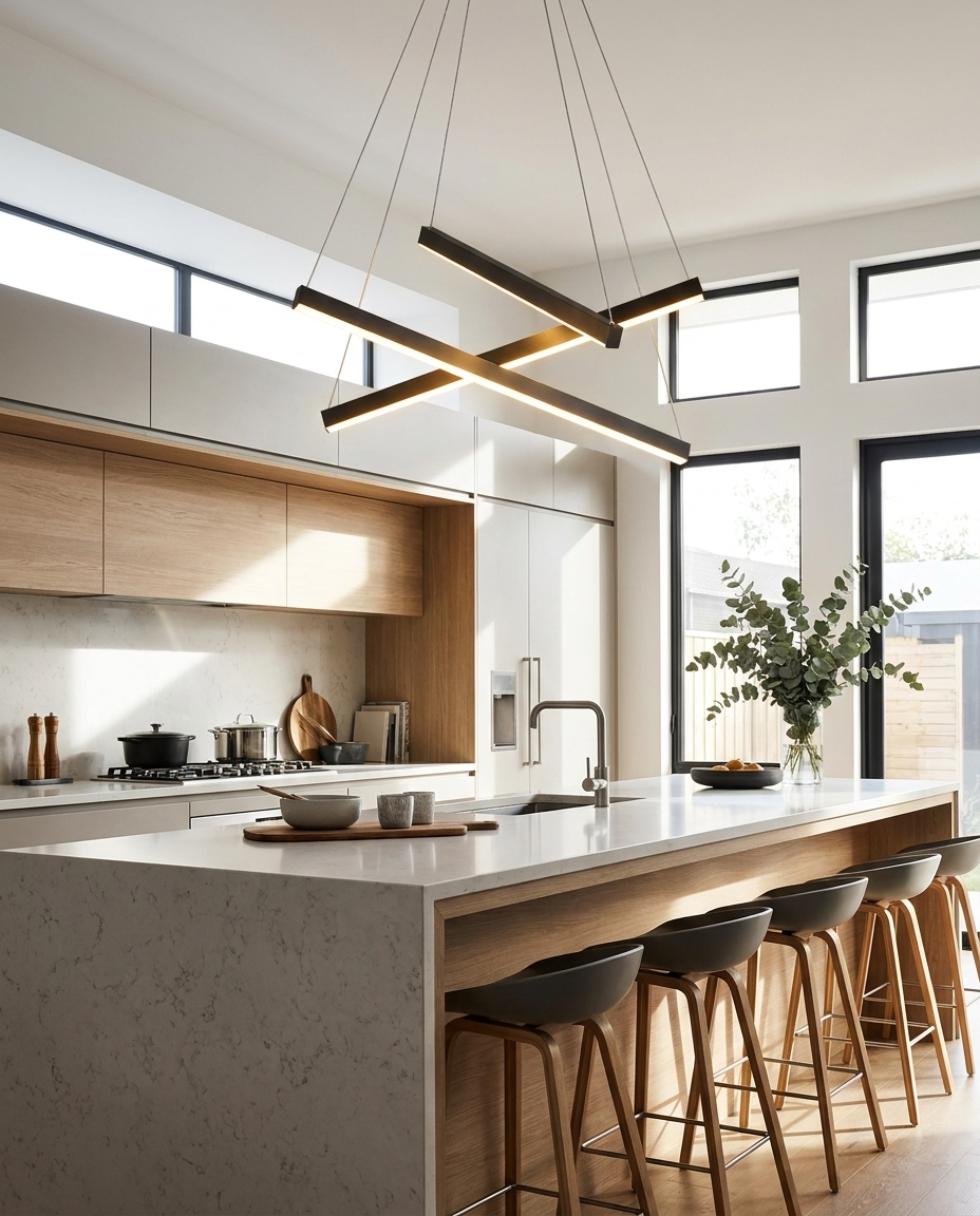 Linea LED linear chandelier above a kitchen island