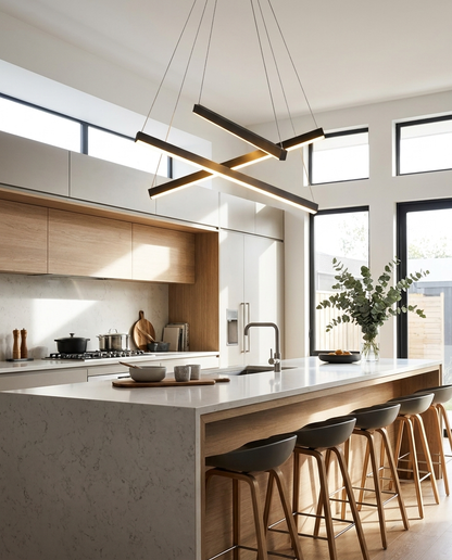 Linea LED linear chandelier above a kitchen island