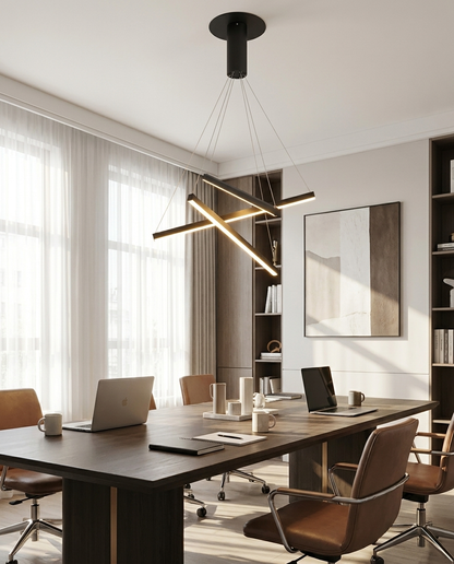 Linea LED linear chandelier above a meeting room table