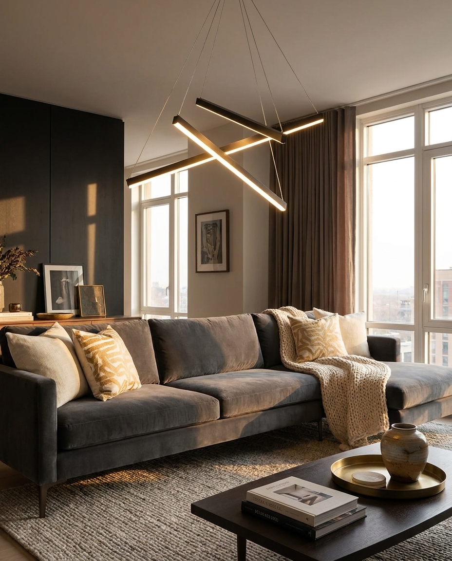 Linea LED linear chandelier over a living room