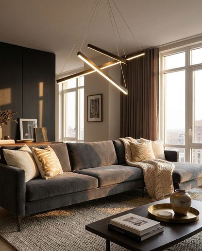 Linea LED linear chandelier over a living room