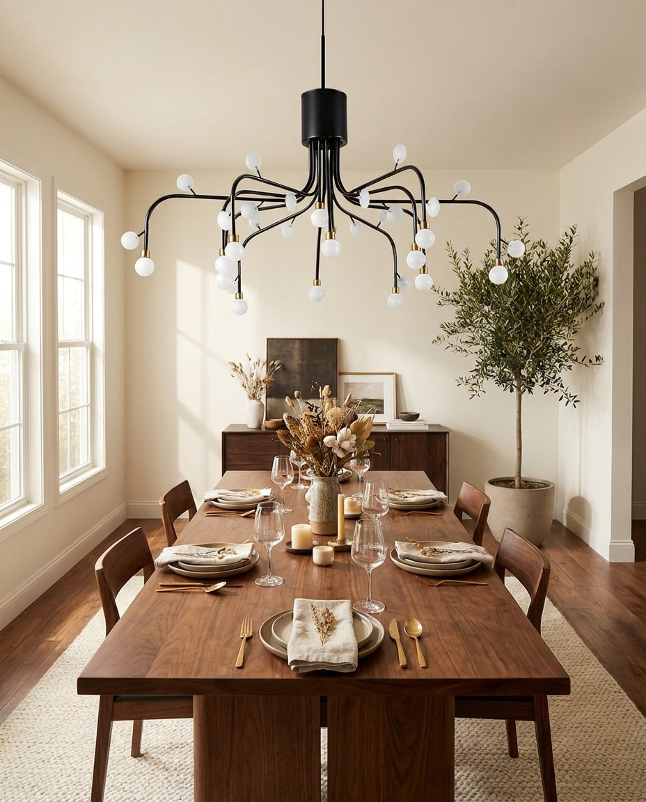 Lunova Modern Retro Globe Chandelier in black finish above a walnut dining table