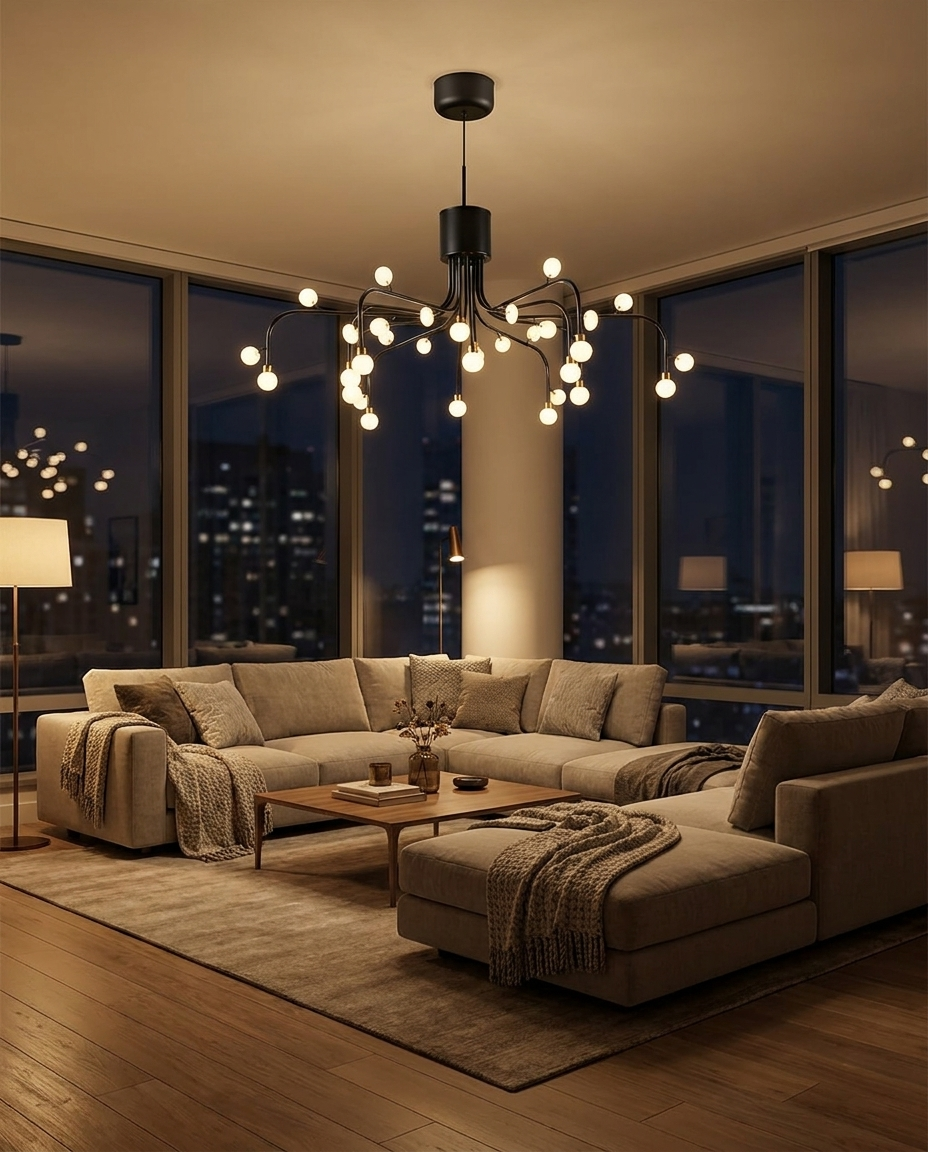 Lunova chandelier in black finish over a living room lounge