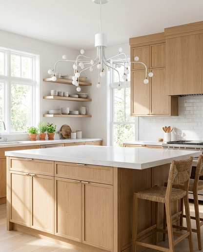 Lunova chandelier in white finish above a Scandinavian kitchen island