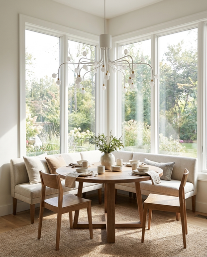 Lunova chandelier in white finish over a window dining nook