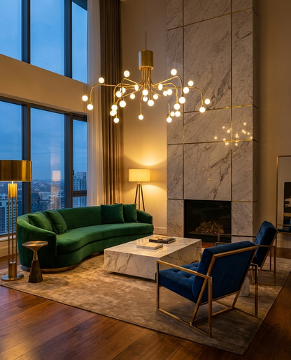 Lunova chandelier in gold finish in a luxury living room
