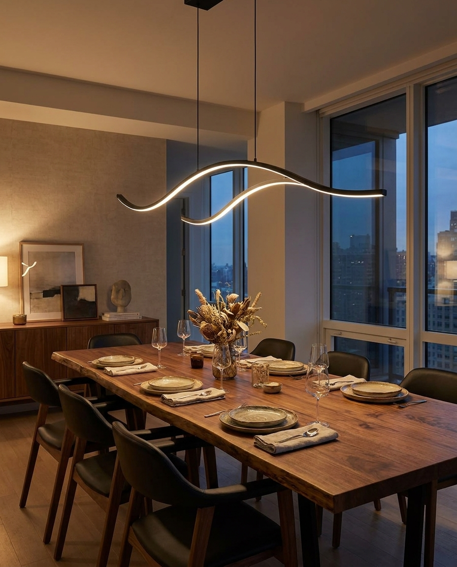 Ondeva black curved wave pendant over a dining table