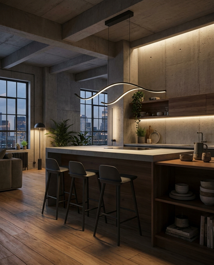 Ondeva black curved wave pendant over a loft breakfast bar