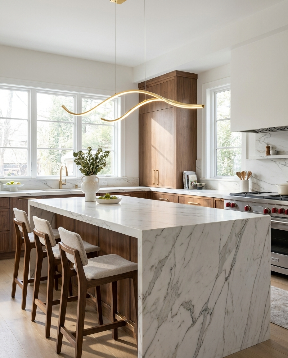Ondeva gold curved wave pendant over a luxury kitchen island