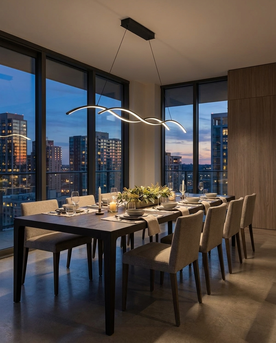 Marisse black wave pendant over a rectangular dining table