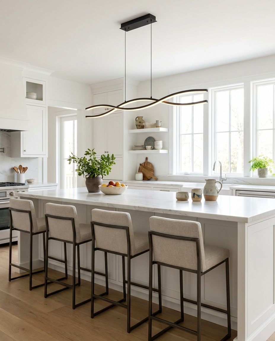 Marisse black wave pendant over a kitchen island