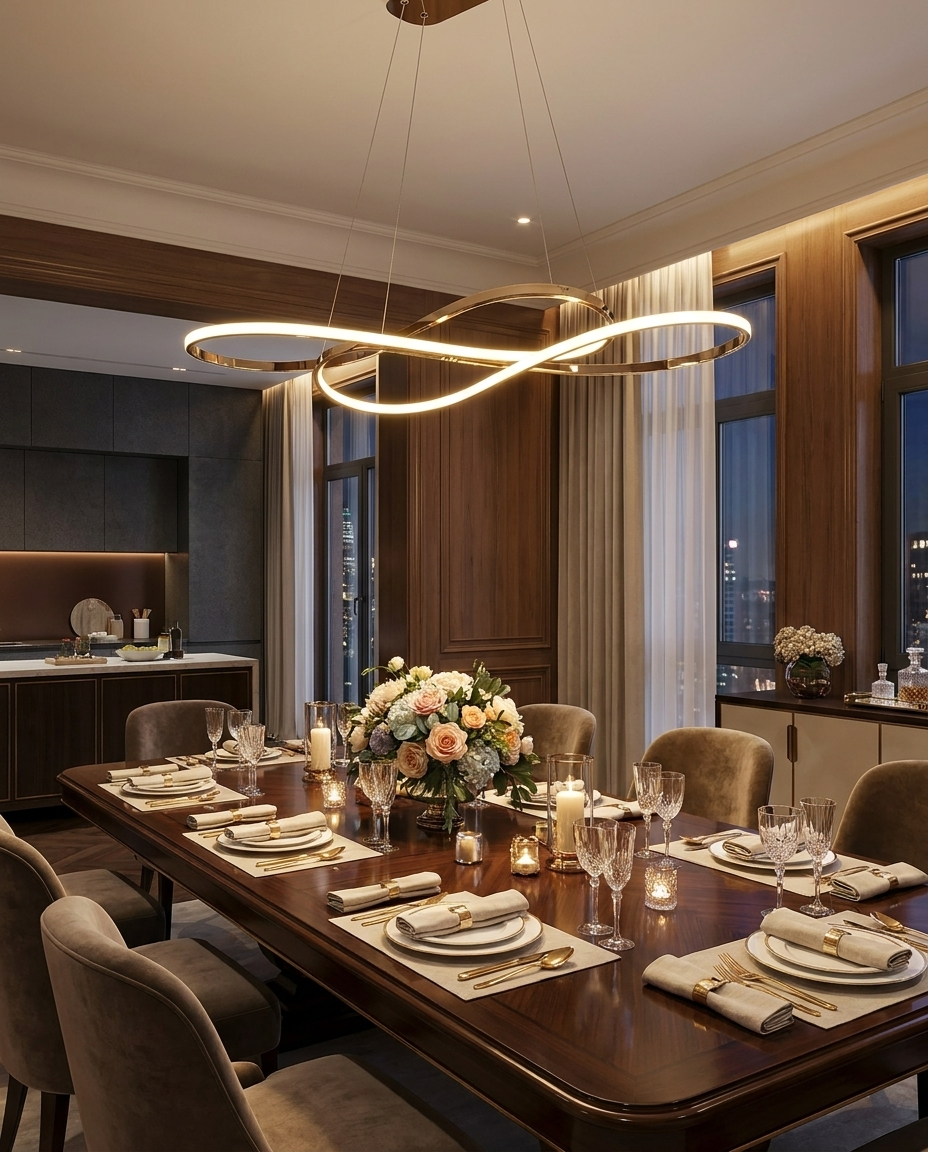 Vellora gold infinity chandelier over a formal dining table