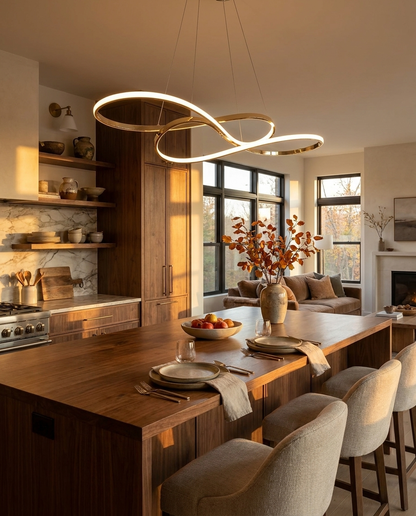 Vellora gold infinity chandelier over a kitchen island