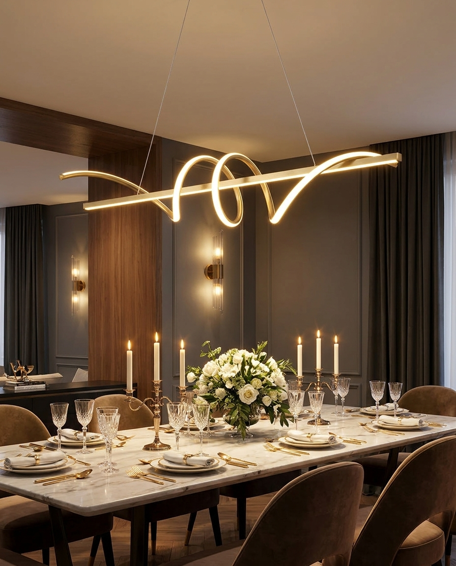 Calyx gold Nordic chandelier over an elegant dining table