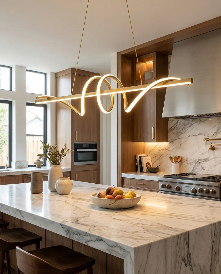 Calyx gold Nordic chandelier over a luxury kitchen island